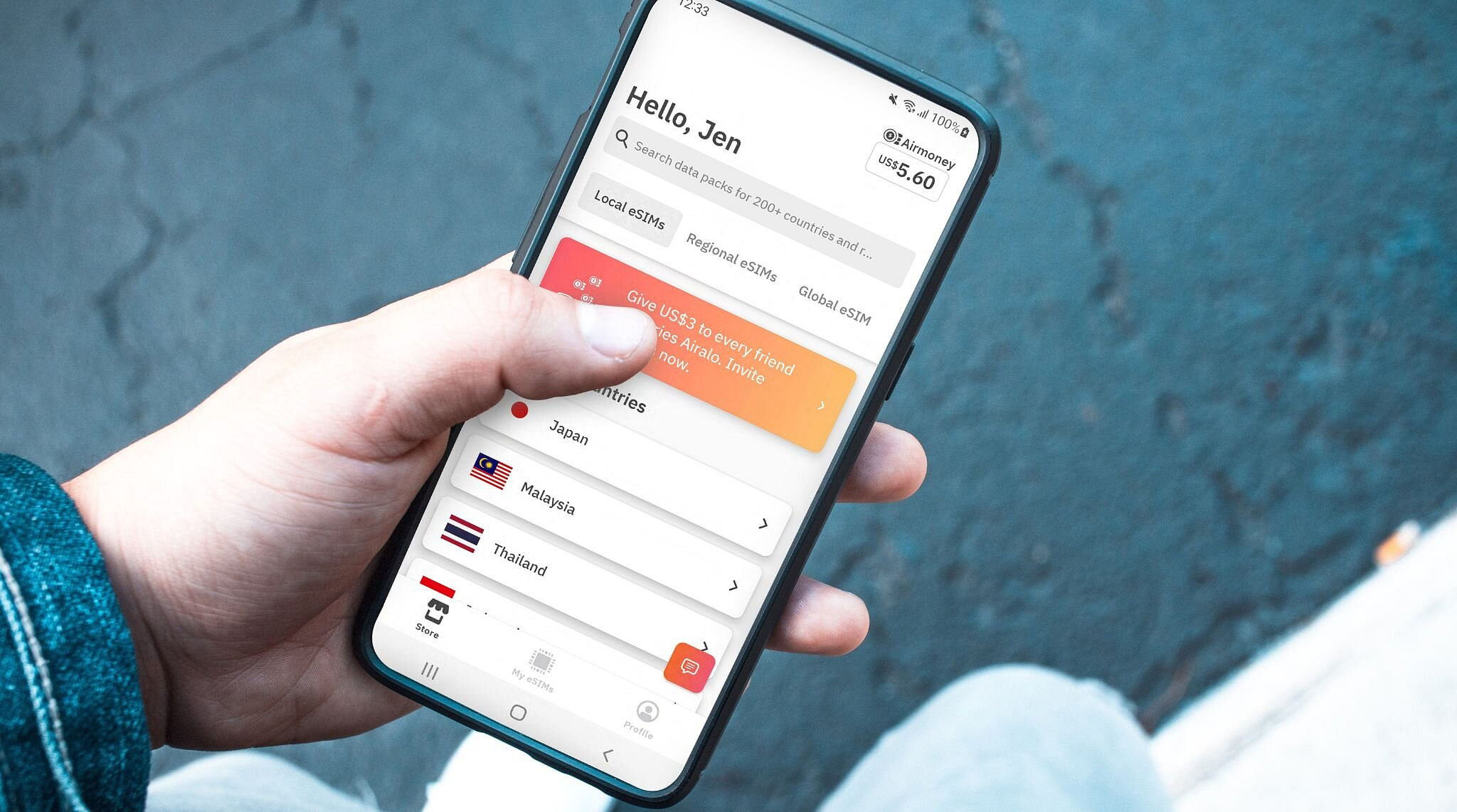 samsung phone with airzalo eSIM app open